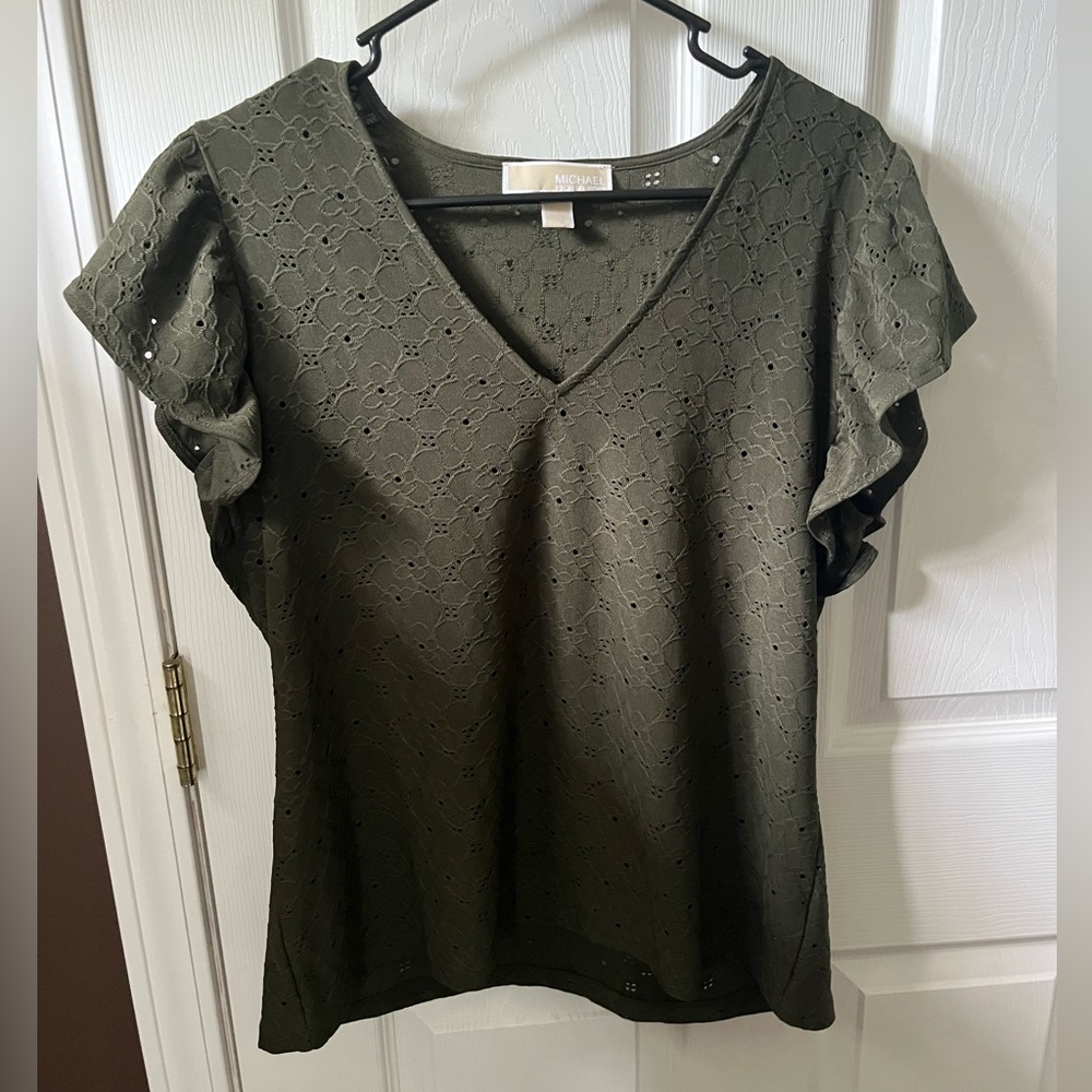 Michael Kors Dark Green Lace V-Neck Blouse